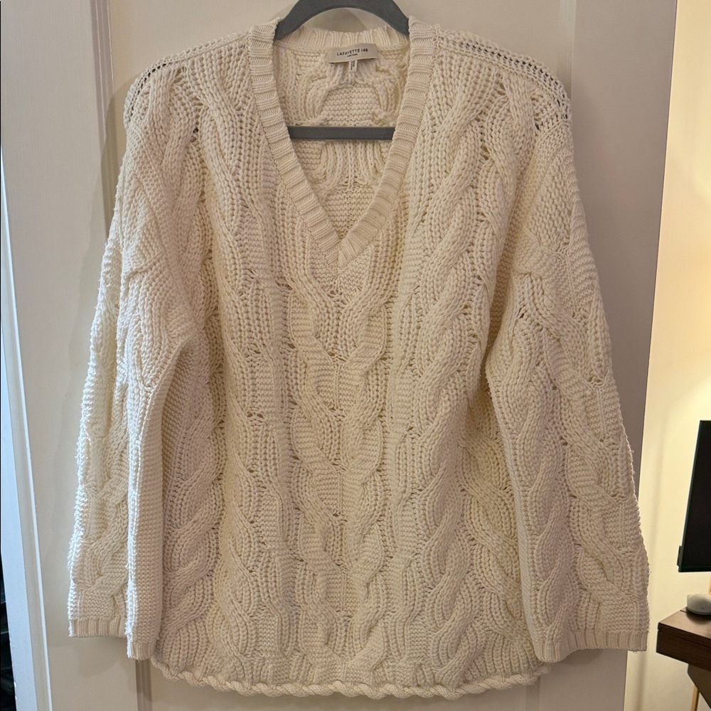 Lafayette 148 New York Cream V-Neck Cable Knit Sweater